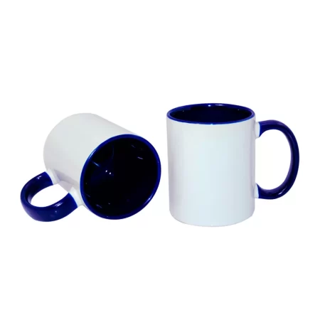 Caneca Cerâmica, Branco, Alça e interior Azul escuro
